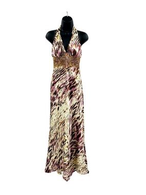 Y2K Satin Beaded Halter Gown Dress